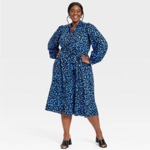 Ava & Viv Blue Polka Dot Spotted Dress Midi Long Sleeve Belted 1x new